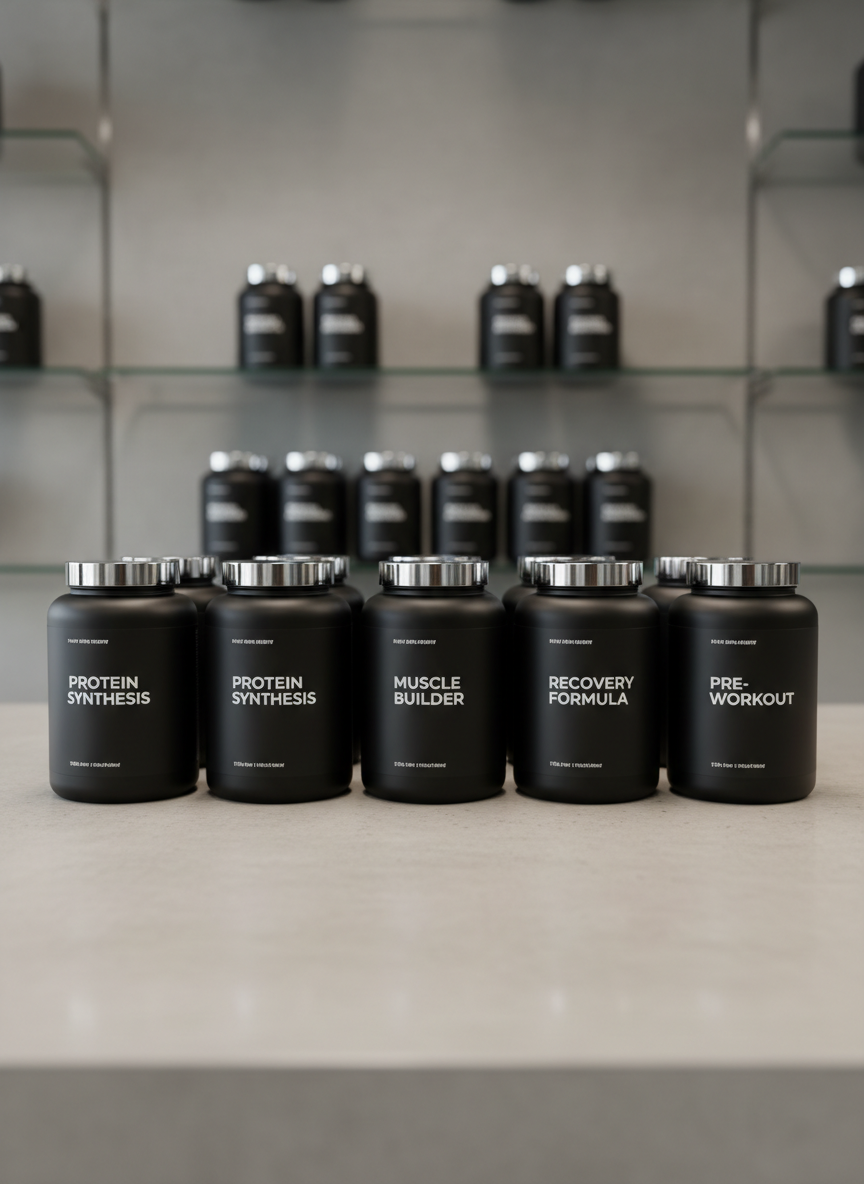 A collection of sleek, matte-finish black supplement containers with subtle chrome accents and minimalist white labels, meticulously arranged on a clean, spacious surface. The background is softly blurred, hinting at orderly glass shelving and a neutral gray wall. Even, diffused overhead studio lighting minimizes harsh reflections and casts gentle, consistent shadows, highlighting the structured organization of the products. Shot at eye-level with a deep depth of field, the composition balances clarity and sophistication, conveying a sense of professionalism and trust. The photographic style is crisp and modern, enhancing the corporate aesthetic suited for a premium gym supplement store.
