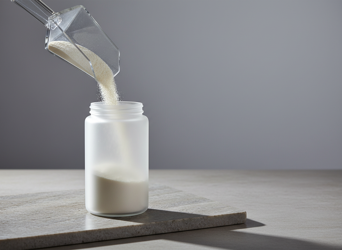 A detailed composition focusing on a single, geometric glass scoop dispensing fine, pale protein powder into a cylindrical, frosted glass container. Both items rest atop a smooth, neutral-toned stone slab, creating understated visual interest. Cool, controlled studio lighting from above creates subtle highlights on the edges and casts gentle shadows, emphasizing the purity and cleanliness of the ingredients. The composition utilizes asymmetrical balance and a minimalist, photographic style, capturing the essence of precision and quality in a specialist gym supplement context.