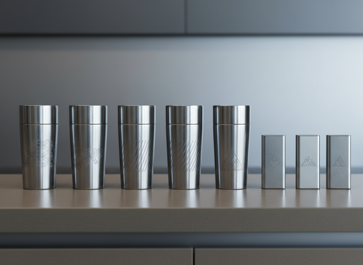 A row of modern, brushed aluminum protein shakers and pill organizers, each with a distinctive, yet subtle branding pattern etched into the surface. The items stand in precise alignment on a muted taupe matte benchtop. Illuminated by cool, indirect overhead lighting, the scene is free of harsh contrasts but reveals subtle reflections and a sense of depth. Shot in a panoramic aspect ratio with the composition using the rule of thirds, the focus is sharp throughout. The mood is functional, confident, and highly organized, reflecting a corporate, cutting-edge approach to gym supplementation.