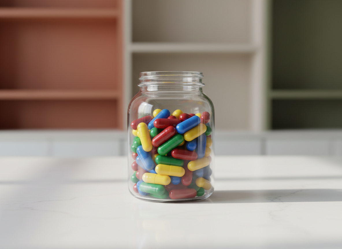 A pristine, crystal-clear glass jar filled with vibrant, multicolored gym vitamins, showcased atop a sleek white quartz counter. The immediate background features hints of abstract, geometric shelving in subtle earth tones. Soft, daylight-balanced lighting from one side creates delicate highlights across the glass surface, casting understated shadows and subtly enhancing each vitamin's glossy texture. Captured from a slightly elevated angle, with the jar centered in a balanced, minimalist frame, the mood is clean, scientific, and highly professional—reinforcing product purity and site credibility with photographic realism.